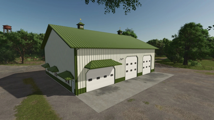 fs25-mods,  Garage Workshop mod in Farming Simulator 25 with green roof and white walls. FS25 mods enhance gameplay.