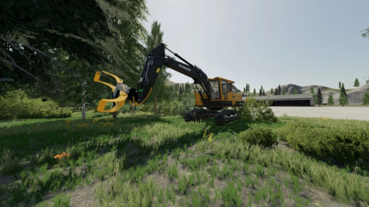 fs25-mods, FS25 mod Grapple Saw v1.0.0.0 in action, cutting trees with a yellow excavator in a forest setting.