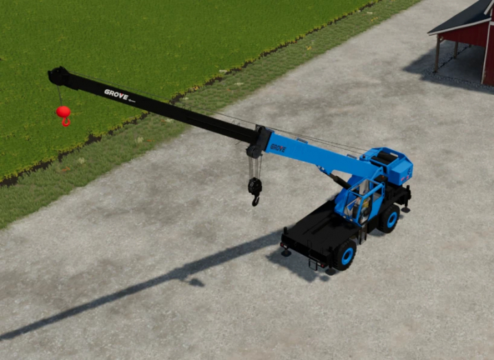 fs22-mods, Grove 530 E-2 Edit by CFR mod for FS22 featuring a blue crane next to a field in Farming Simulator 22.