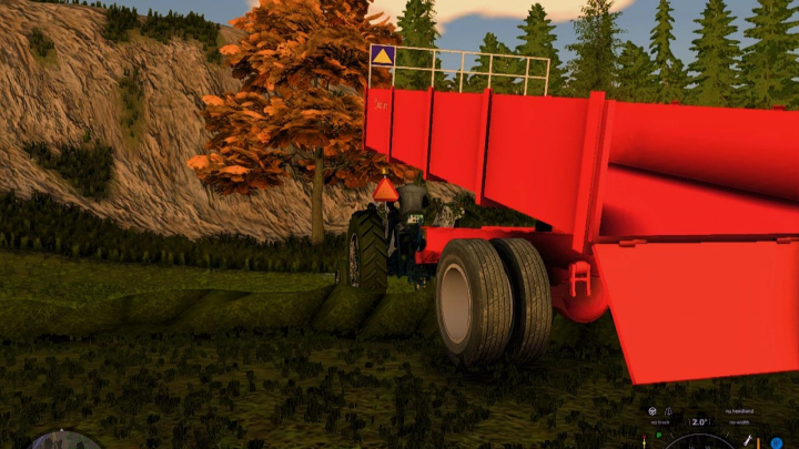 fs22-mods, FS22 mod image showing HERCULANO Agricultural Trailer in a scenic farm setting, with vibrant red color and autumn trees in the background.