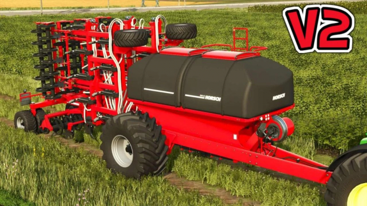 fs25-mods,  Red Horsch EVO CS 12 v2.0.0.0 mod for Farming Simulator 25, featuring large wheels and detailed machinery in a field.