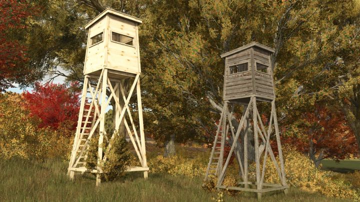 fs25-mods,  FS25 mod: Woodland scene with two wooden hunting pulpits among autumn trees.