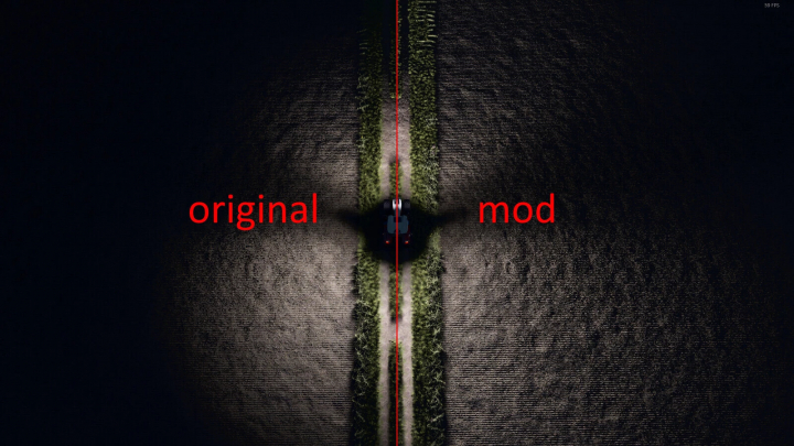 fs25-mods,  FS25 mod Increase Light Range v1.0.0.0 comparison: original vs modded light on road at night.