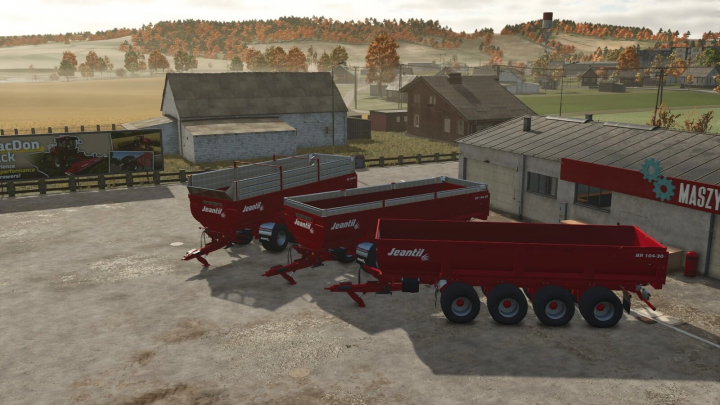 fs25-mods,  FS25 mod Jeantil BR 104-30 v1.0.0.0 trailers outside a workshop in Farming Simulator 25.