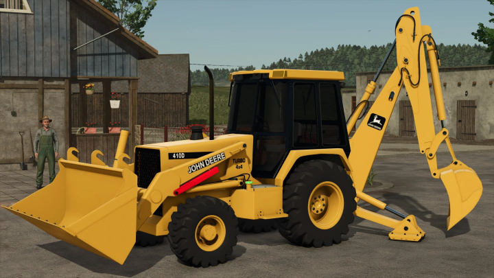 fs25-mods,  John Deere 410D mod for FS25, featuring a yellow backhoe loader in a rural setting.