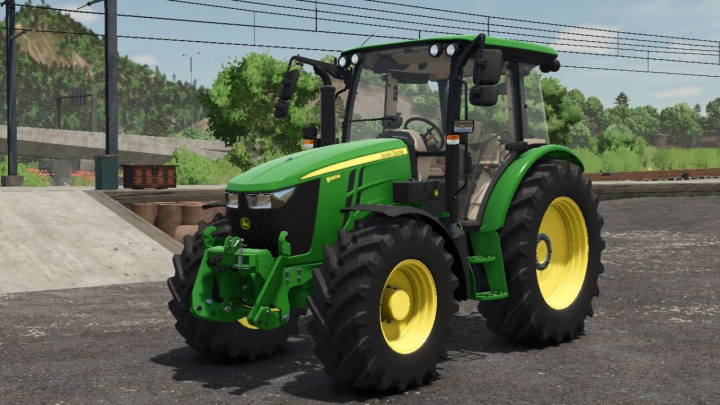 fs25-mods,  John Deere 5M Series tractor in FS25 mod. Green and yellow design on asphalt. Farming Simulator 25 mods.