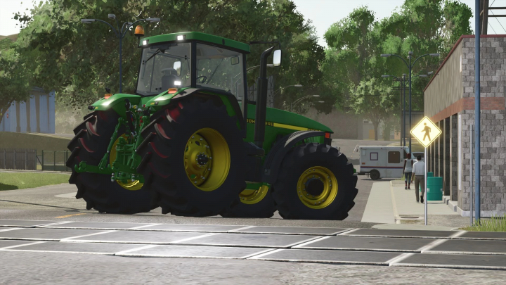 fs25-mods,  FS25 mod showcasing John Deere 8000 Series tractor on a city street.