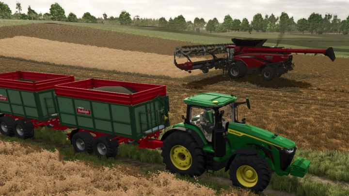 fs25-mods,  FS25 mods: John Deere 8R Chiptuned tractor with trailers and harvester on a field.