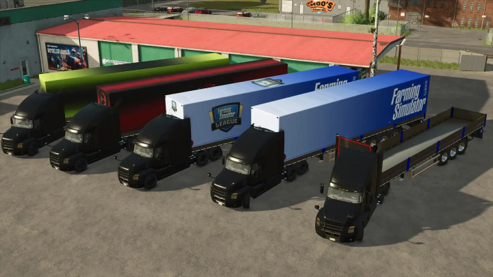 fs25-mods,  Five KÖGEL 16.5m flatbed tarpaulin trailers in FS25, showcasing different designs and colors.