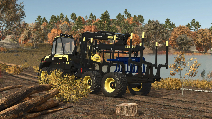 fs25-mods, Kirmag Tree Waste Rake mod in FS25, showcasing a forestry vehicle in an autumn landscape.