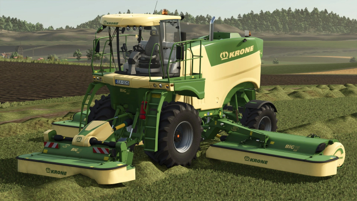 fs25-mods,  Krone Big M 450 mod in Farming Simulator 25, showcasing a powerful mower in a field.