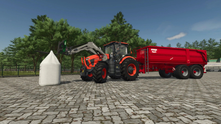 fs25-mods,  Kubota M8 Series tractor with front loader lifting a big bag in FS25 mod.