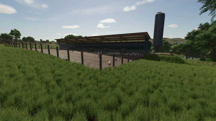 fs25-mods,  Larger animal stables mod in FS25, featuring open pens and lush surroundings.