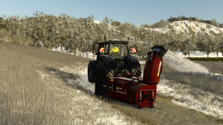 fs25-mods,  FS25 mod Lizard 262 Monster V clearing snow-covered field in Farming Simulator 25.