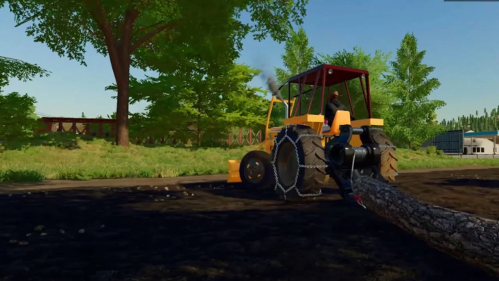 fs22-mods,  FS22 mod Lizard CBT 2105 tractor hauling logs in a farm setting.