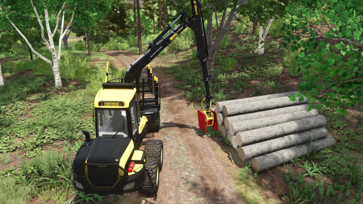 fs25-mods,  Lizard Knocking Plate v1.0.0.0 mod in FS25 loading logs in a forest setting.