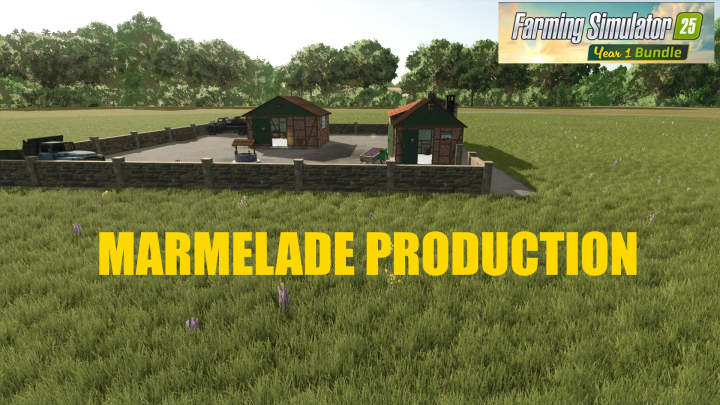 fs25-mods, Marmalade Production mod in FS25 showing a farm with production buildings and fields.