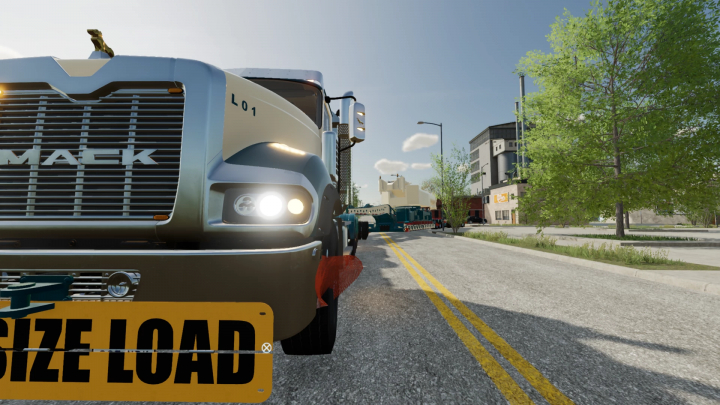 fs22-mods,  FS22 Mack Titan v1.0.0.0 mod features a large truck with an 'Oversize Load' sign, set on a sunny street in Farming Simulator 22.