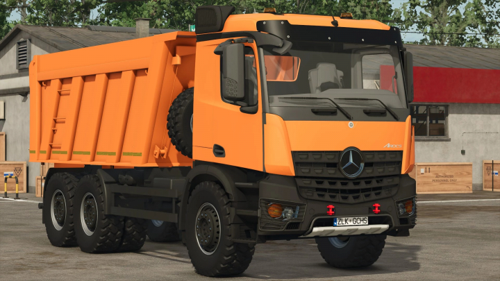 fs25-mods,  Mercedes Benz Arocs mod for FS25, showcasing an orange truck model in a garage setting.