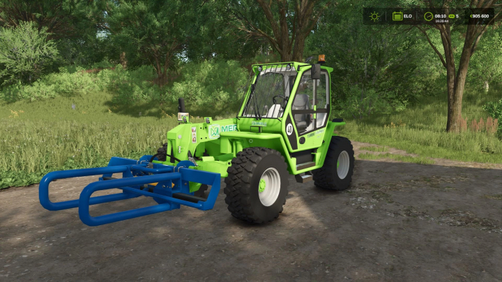 fs25-mods, Merlo P41.7 Turbofarmer mod in FS25, showcasing a green telehandler with blue attachment in a forest scene.