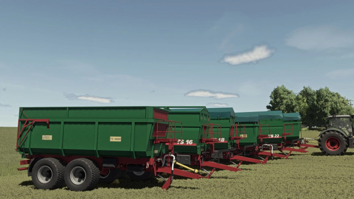 fs25-mods,  FS25 mods Metaltech TS Pack v1.0.0.0 showing multiple green trailers attached to a tractor.