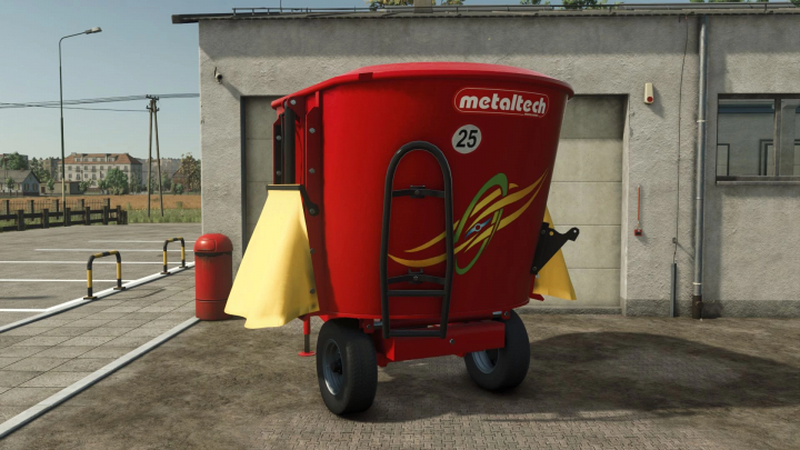 fs25-mods,  Metaltech WP 6 mod in Farming Simulator 25, showcasing a red agricultural trailer in a farmyard setting.