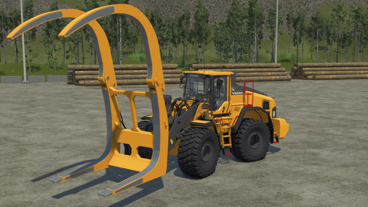 fs25-mods,  FS25 mod Millyard Grapple/Edited Volvo l180H v2.0.0.0, showing a large yellow loader at a logging site.