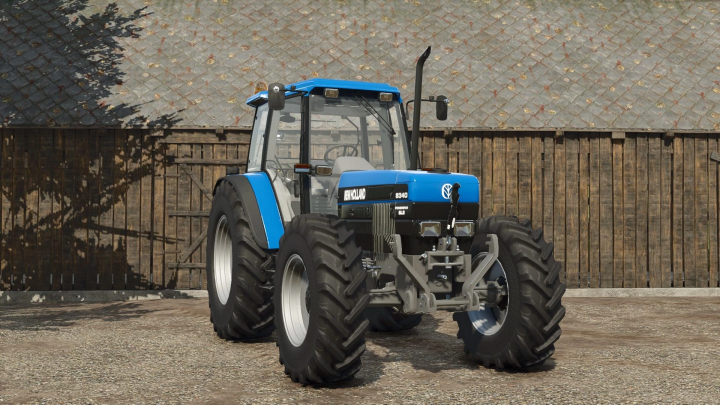 fs25-mods,  New Holland 8340 tractor mod in FS25, showcased in front of a barn. Farming Simulator 25 mods enhance gameplay with realistic vehicles.