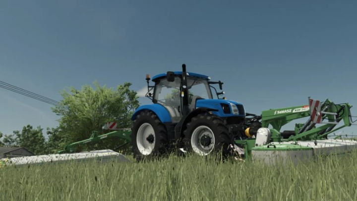 fs25-mods,  FS25 mod New Holland T6 2012 tractor with mower in a field, showcasing Farming Simulator 25 machinery.