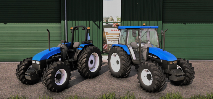 fs25-mods,  Two New Holland TL90 tractors from FS25 mods in front of a green building.