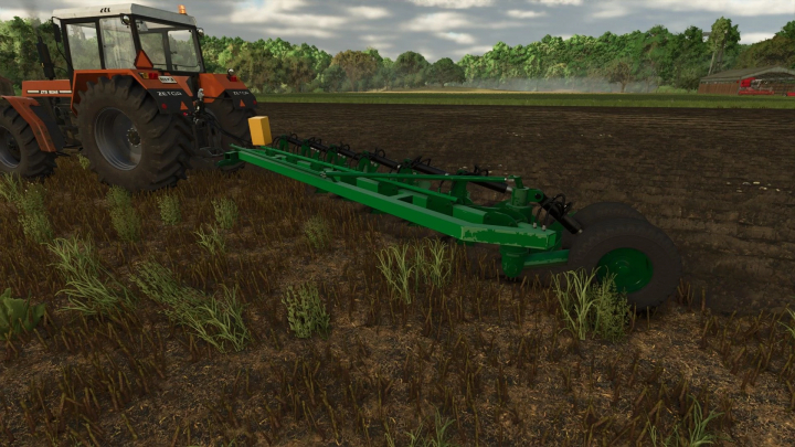 fs25-mods,  A tractor with PHX Pack mod in Farming Simulator 25, featuring a green agricultural implement on a cultivated field.