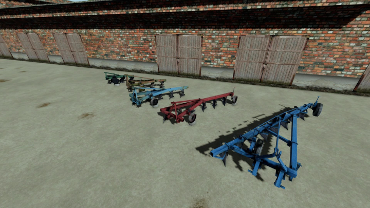 fs22-mods, Four PLN plows in different colors on display, part of the FS22 mods for Farming Simulator 22.