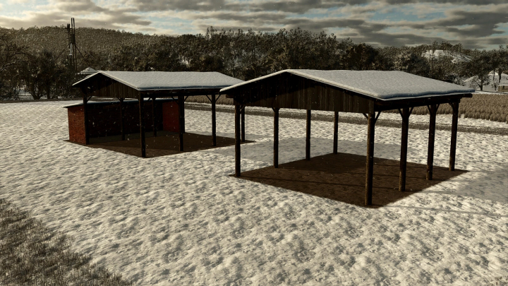 fs25-mods,  FS25 mod Pack Sheds Br v1.0.0.0 showing two wooden sheds in a snowy field.