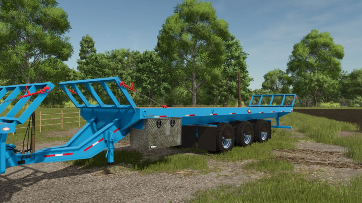 fs25-mods,  Pacsetter FlatBed v1.0.0.0 mod in FS25, featuring a blue flatbed trailer on a farm path.