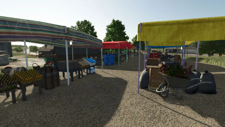 fs25-mods, Placeable market decoration in FS25 mod featuring colorful stalls and various market goods.