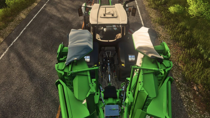 fs25-mods,  A tractor using the Realistic 3 Point Attacher mod in Farming Simulator 25. The green equipment is mounted on a rural road.