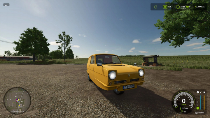 fs25-mods,  Yellow Reliant Regal Supervan III in Farming Simulator 25 mod, showcasing rural landscape. FS25 mods enhance gameplay with unique vehicles.