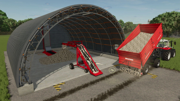 fs25-mods, FS25 Root Crop Storage v1.0.0.0 mod shows a tractor unloading potatoes into a large arched storage facility.