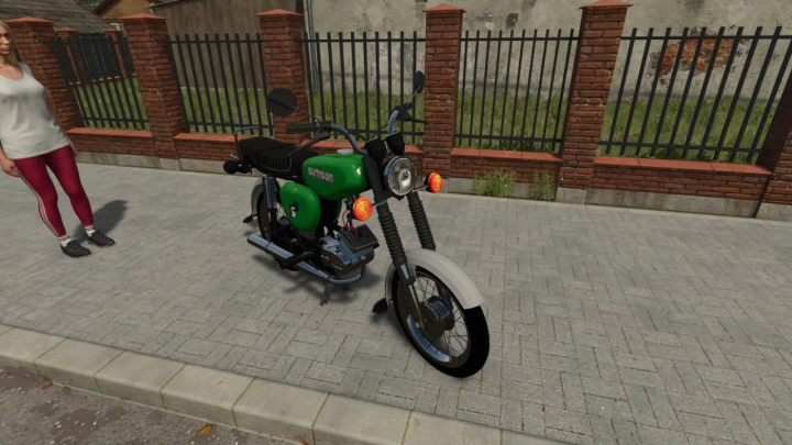 fs25-mods,  S51 Simson motorcycle mod in FS25, near a sidewalk with a brick fence background.