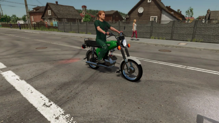 fs25-mods, Character riding S51 Simson mod in FS25 game environment.