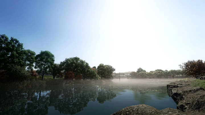 fs25-mods,  FS25 Shader MKSHV1 mod creates a realistic landscape with detailed water reflection and lush trees.