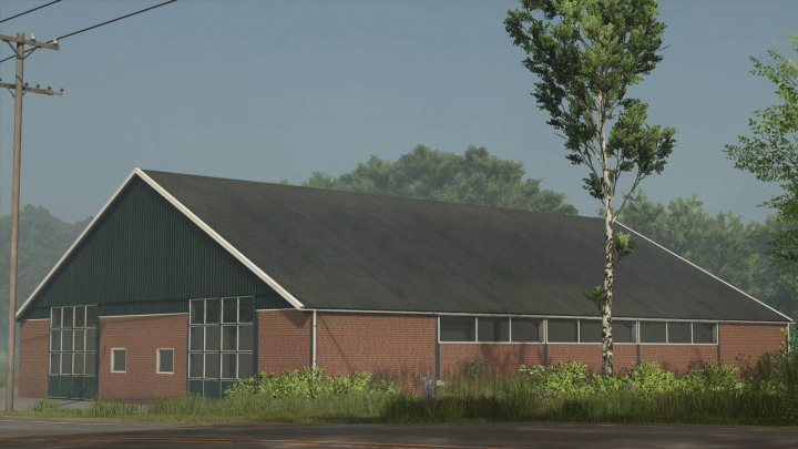 fs25-mods,  Shed Pack v1.0.0.0 mod for FS25 featuring a large brick and metal structure surrounded by trees.