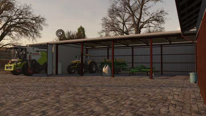 fs25-mods,  FS25 mod Shed With Garage v1.0.0.0 showing farm equipment stored under a large shelter.