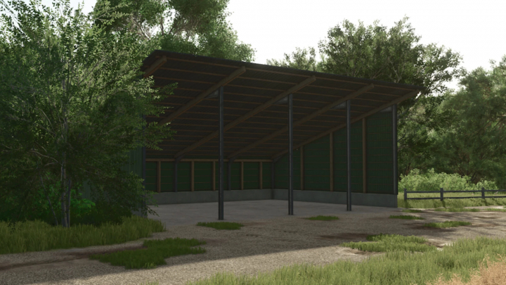 fs25-mods,  FS25 mod Shelter v1.0.0.0, featuring an open structure surrounded by trees in Farming Simulator 25.