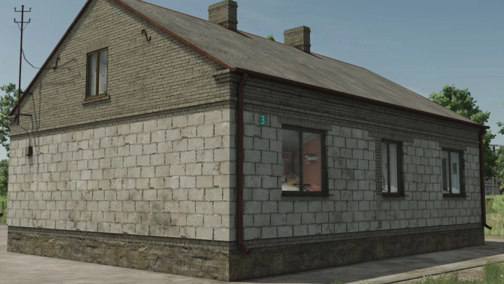 fs25-mods, Small brick house mod for FS25, showing a rustic design with side windows and a grassy background.