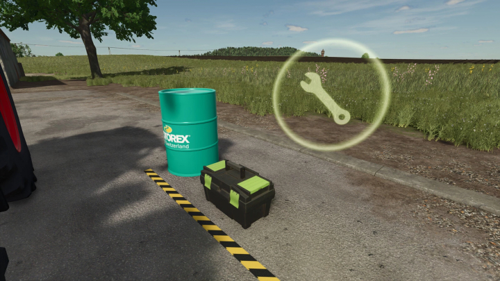 fs25-mods,  FS25 Small Workshop mod v1.0.0.0 features a toolbox and barrel on a farm path.