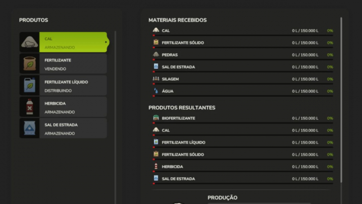 fs25-mods,  FS25 mod Special Fabrications interface displaying storage and distribution of materials like lime, fertilizer, and herbicide.