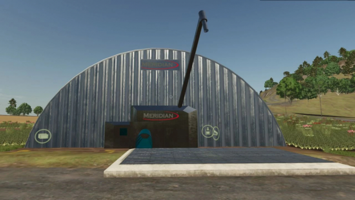 fs25-mods, Modern metal arched building in FS25 mod Special Fabrications v1.0.0.0 with Meridian branding.