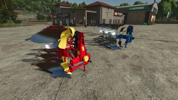 fs25-mods, FS25 mods: Supertaube / Servo 25 plows on a farm lot in Farming Simulator 25.