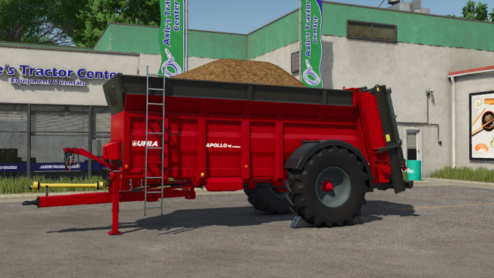 fs25-mods, Unia Apollo Premium 16 mod in FS25, red trailer loaded with dirt, near a tractor center.